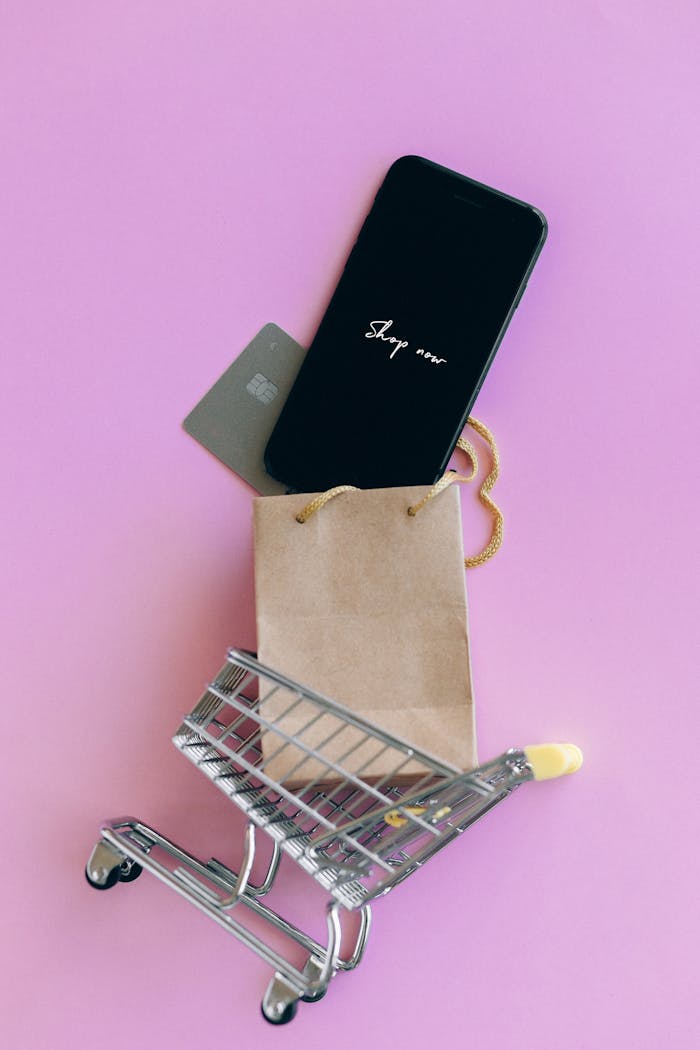 who-we-are A smartphone, credit card, and bag in a miniature shopping cart on a pink background.
